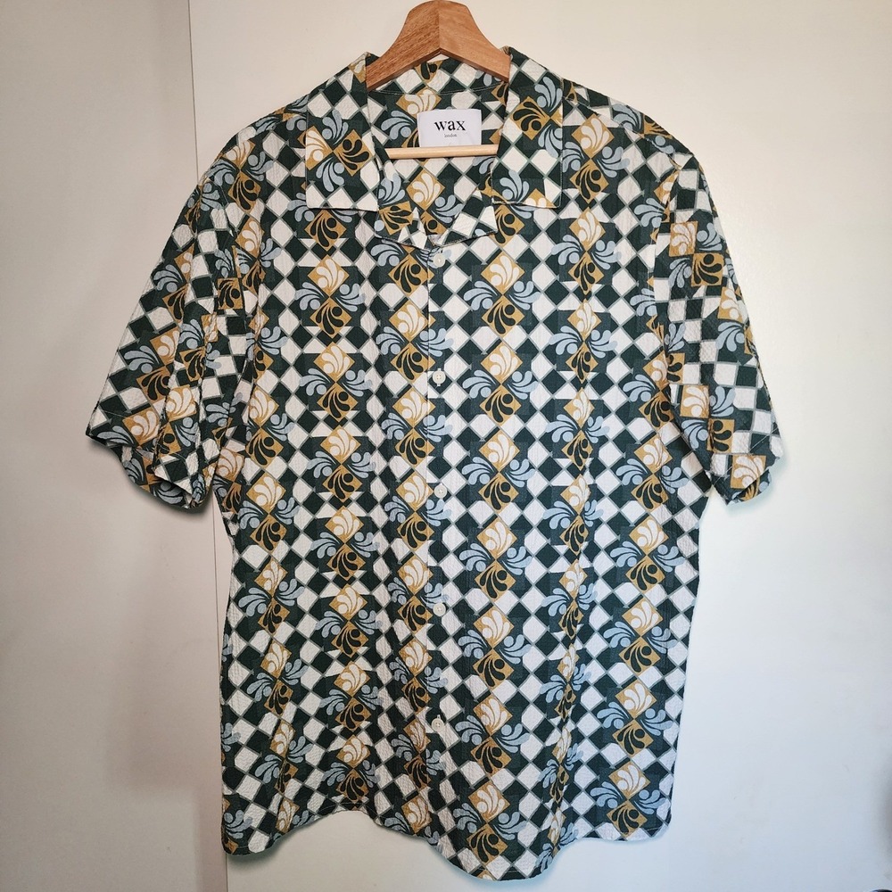Wax London Didcot Shirt Mens XL Green Mustard Seersucker Geometric Excellent